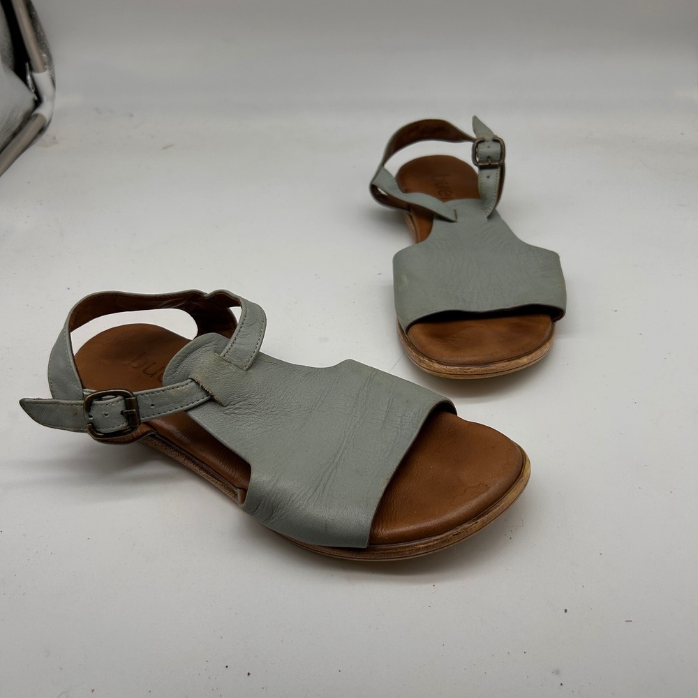Bueno Leather Slingback Flat Sandals Sage Green Blue EU 38 Buckle Ankle Strap